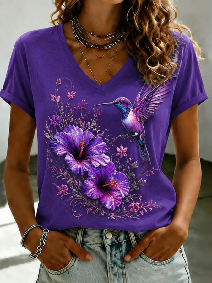 Women's Purple Flora Art Printed V-neck T-shirt